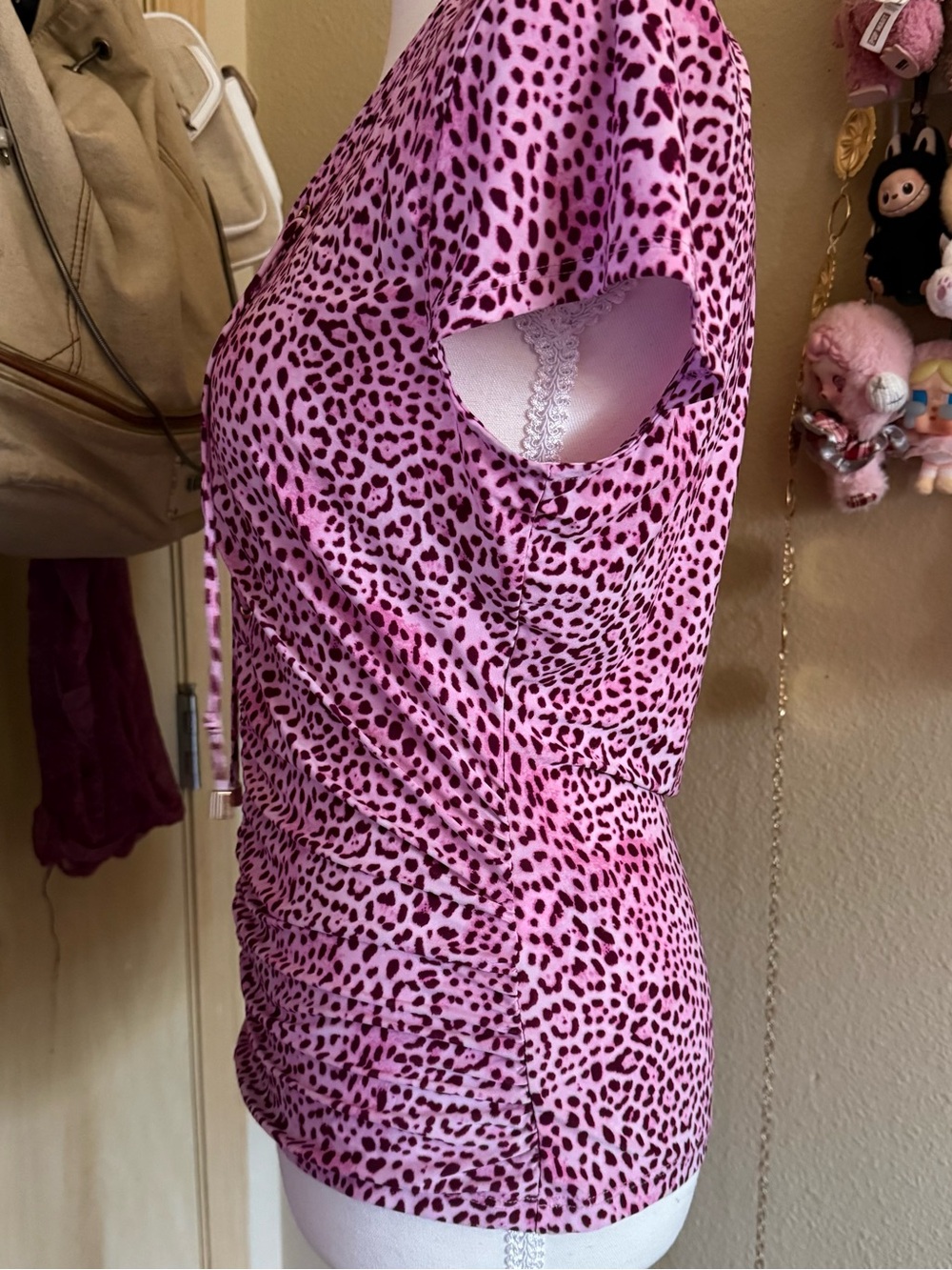 INC International Concepts Pink Leopard Lace-Up Short Sleeve Top - Picture 3 of 6